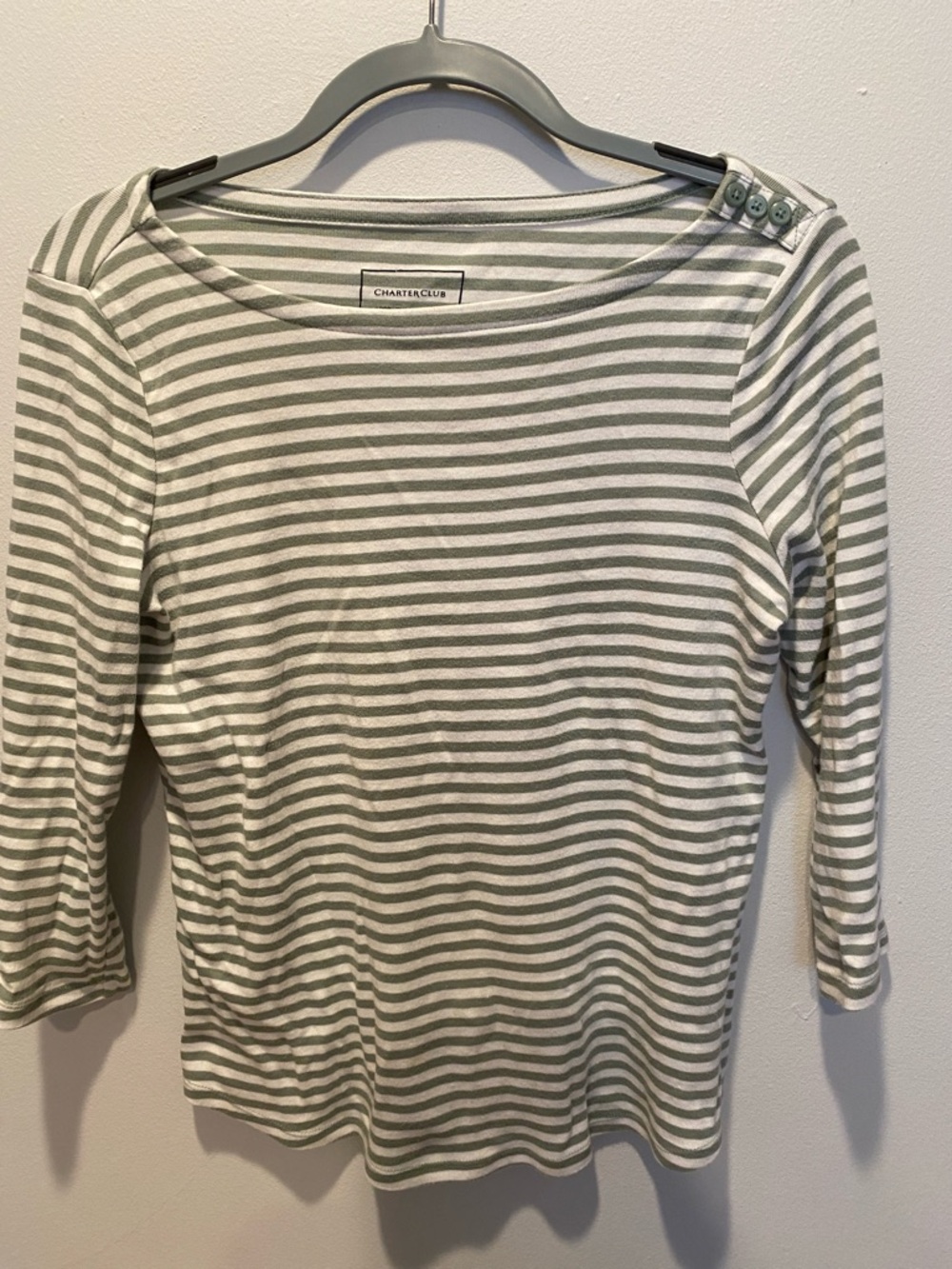 Charter Club Olive Green & White Striped Boatneck Top with Shoulder Buttons size